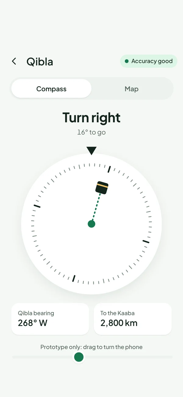 The Qibla compass telling you to turn right, with the bearing and distance to the Kaaba.