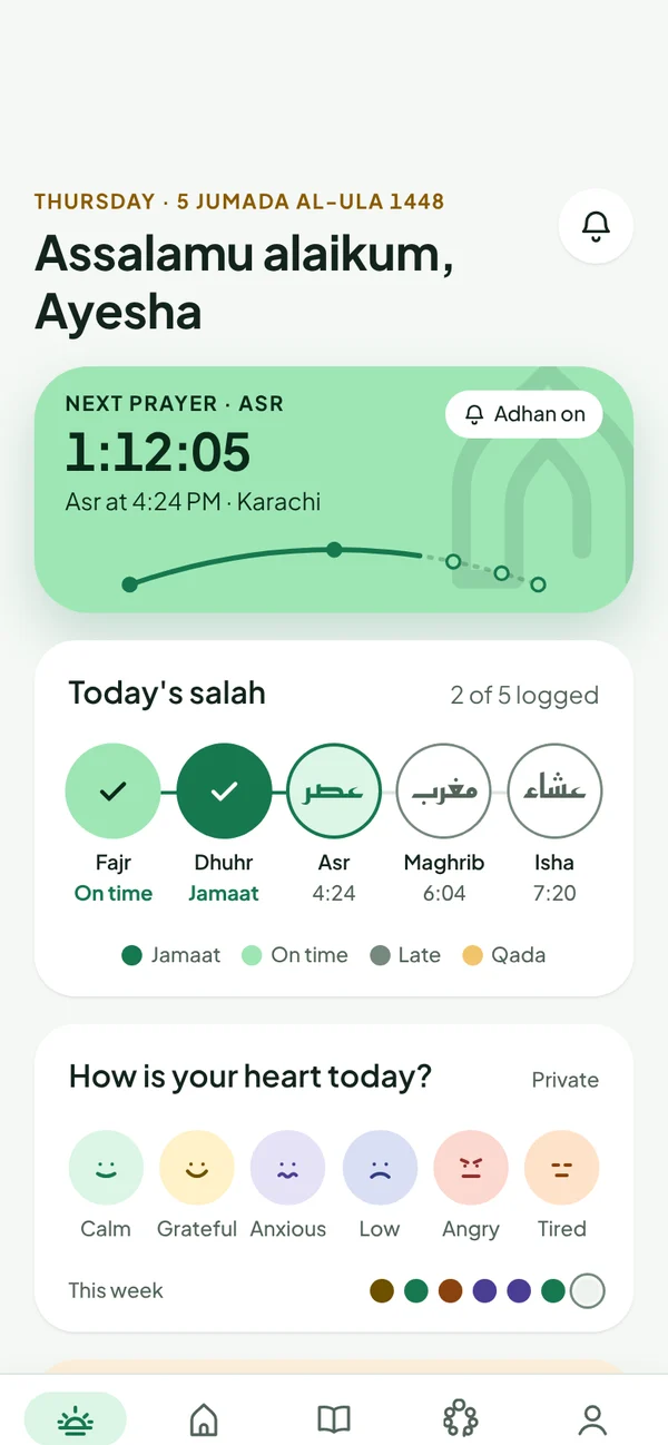 Muslim Daily’s Today screen: a next-prayer card counting down to Asr, with the day’s prayers on an arc.